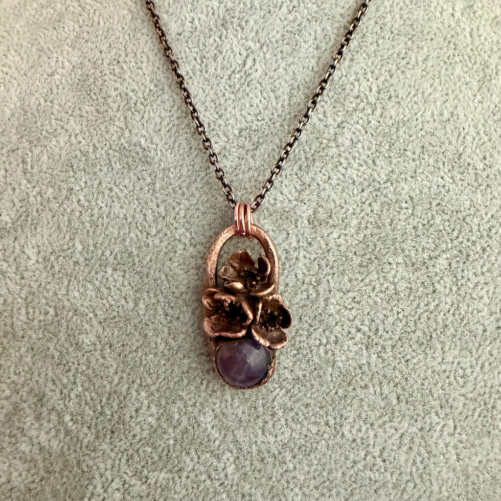 Amethyst Real Flower Necklace | Electroformed Copper Botanical Pendant | Handmade Crystal Jewelry | Boho Healing Necklace