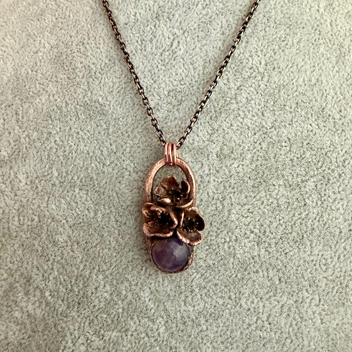 Amethyst Real Flower Necklace | Electroformed Copper Botanical Pendant | Handmade Crystal Jewelry | Boho Healing Necklace