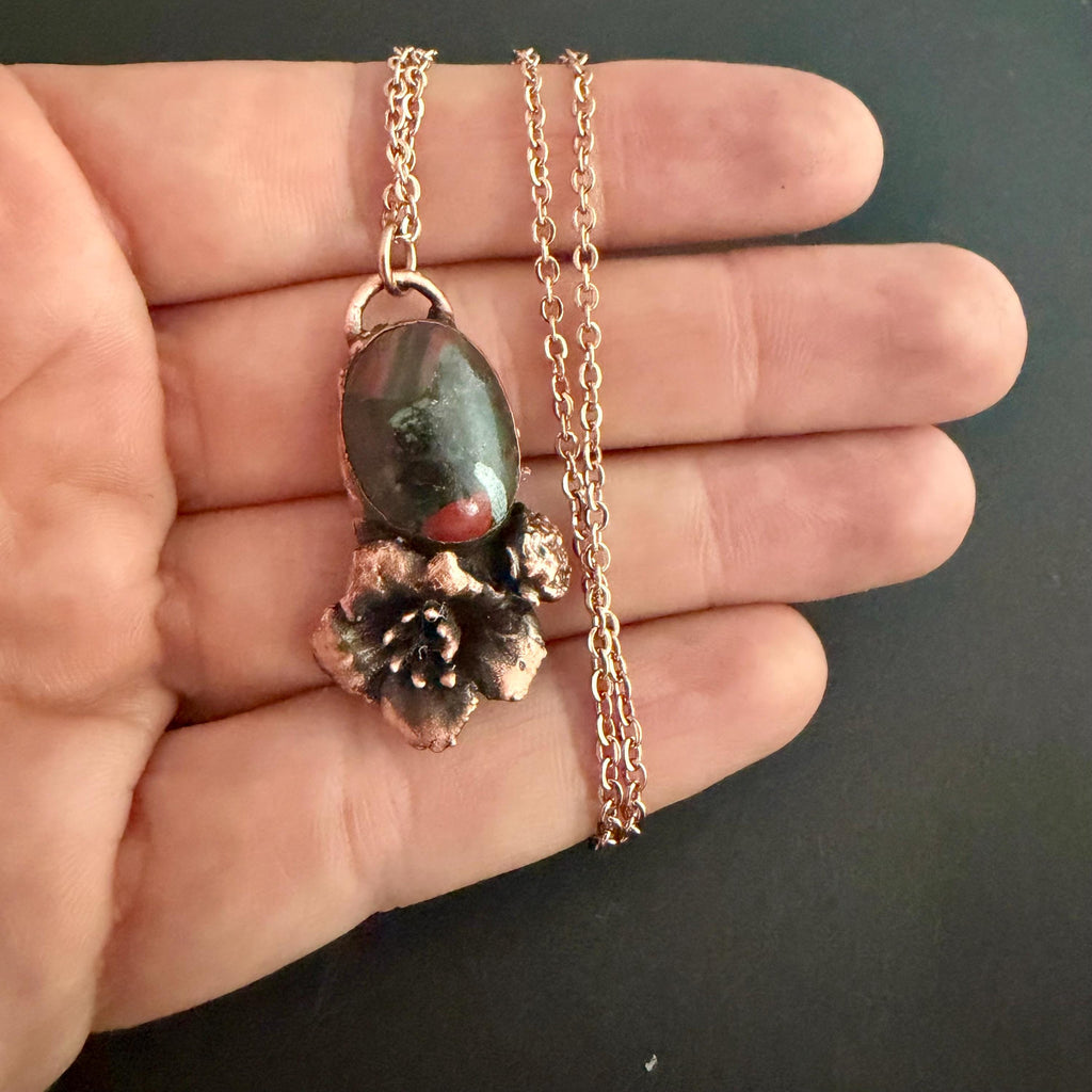 Dragon Bloodstone Real Flower Necklace | Electroformed Copper Botanical Pendant | Handmade Crystal Jewelry | Boho Necklace