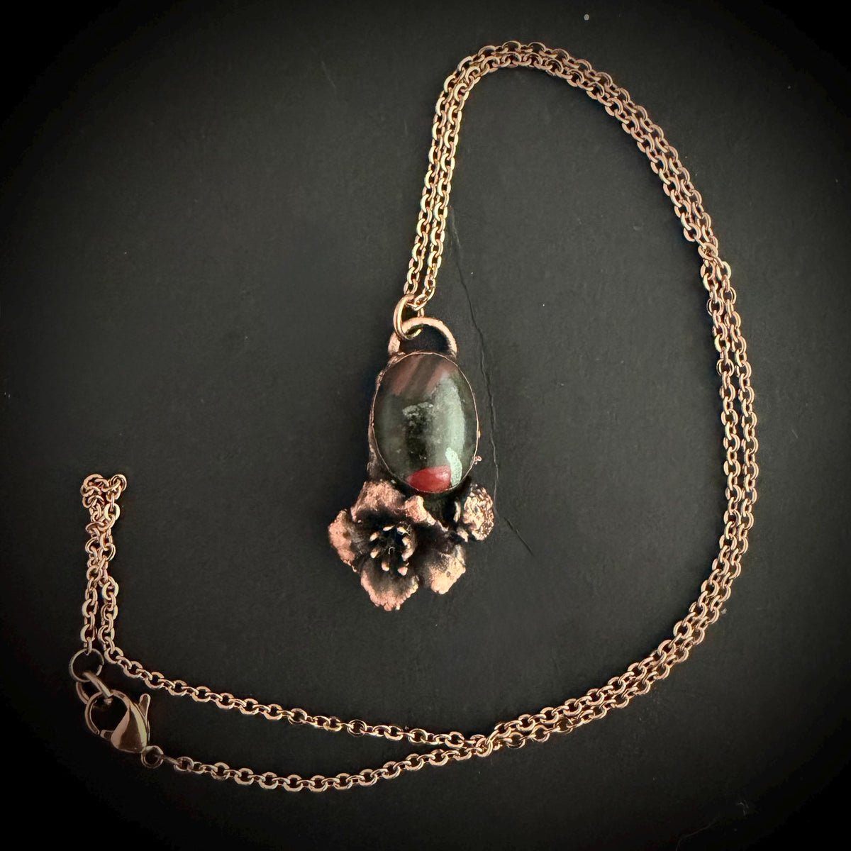 Dragon Bloodstone Real Flower Necklace | Electroformed Copper Botanical Pendant | Handmade Crystal Jewelry | Boho Necklace