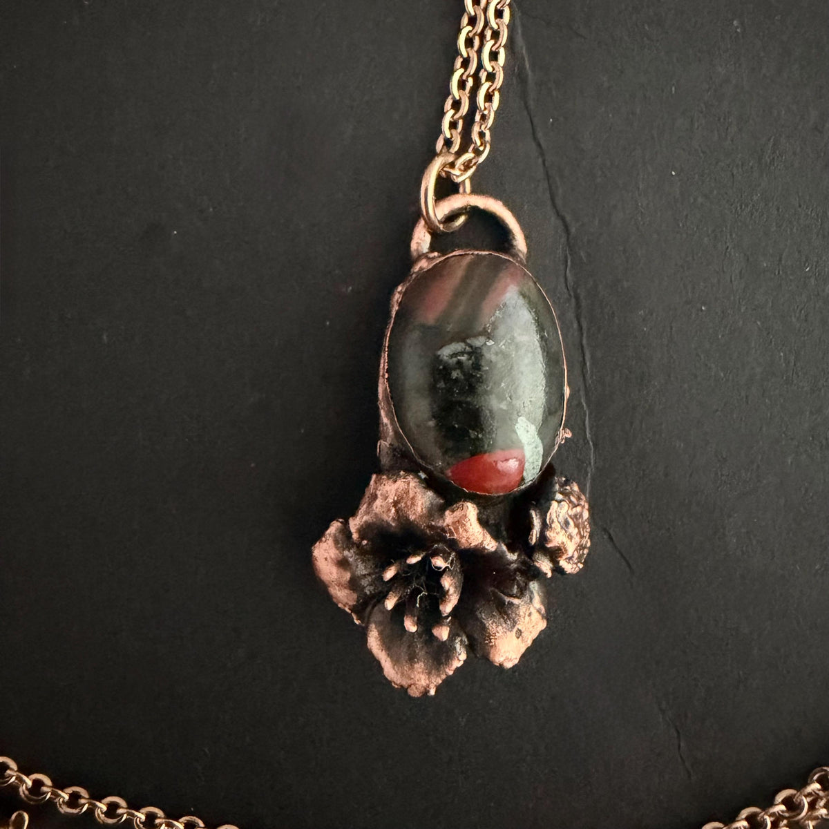Dragon Bloodstone Real Flower Necklace | Electroformed Copper Botanical Pendant | Handmade Crystal Jewelry | Boho Necklace