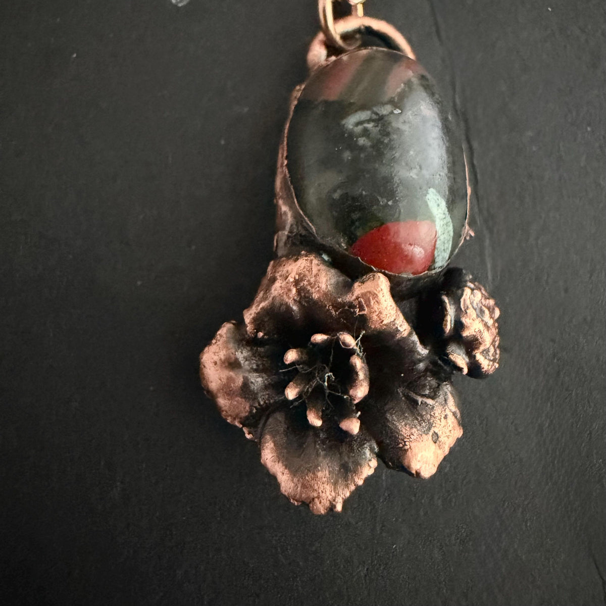Dragon Bloodstone Real Flower Necklace | Electroformed Copper Botanical Pendant | Handmade Crystal Jewelry | Boho Necklace