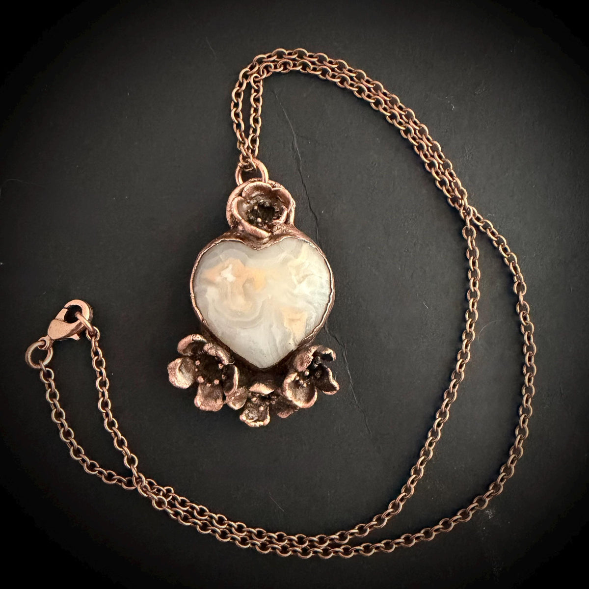 Grey Agate Heart Real Flower Necklace | Electroformed Copper Botanical Pendant | Handmade Crystal Jewelry | Boho Love Necklace