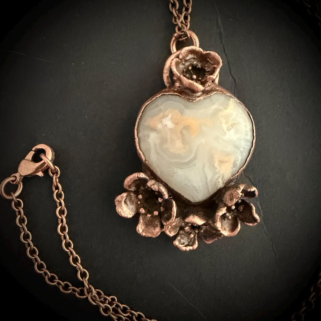 Grey Agate Heart Real Flower Necklace | Electroformed Copper Botanical Pendant | Handmade Crystal Jewelry | Boho Love Necklace