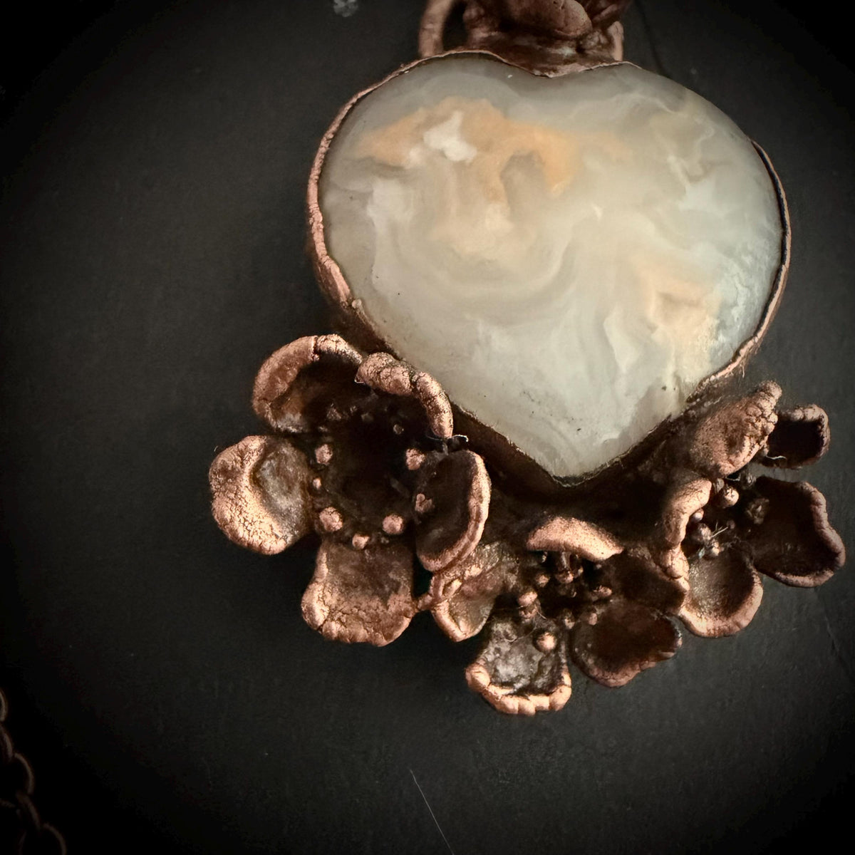 Grey Agate Heart Real Flower Necklace | Electroformed Copper Botanical Pendant | Handmade Crystal Jewelry | Boho Love Necklace