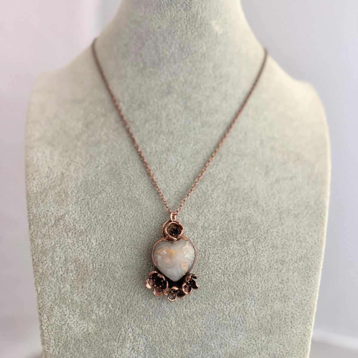 Grey Agate Heart Real Flower Necklace | Electroformed Copper Botanical Pendant | Handmade Crystal Jewelry | Boho Love Necklace
