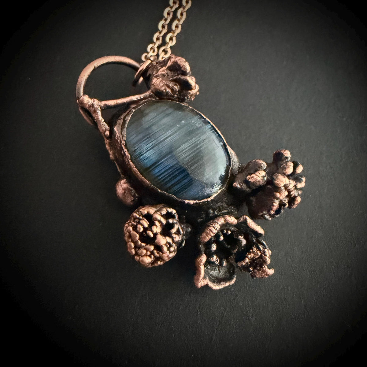 Labradorite Real Flower Necklace | Electroformed Copper Botanical Pendant | Handmade Crystal Jewelry | Boho Magic Necklace