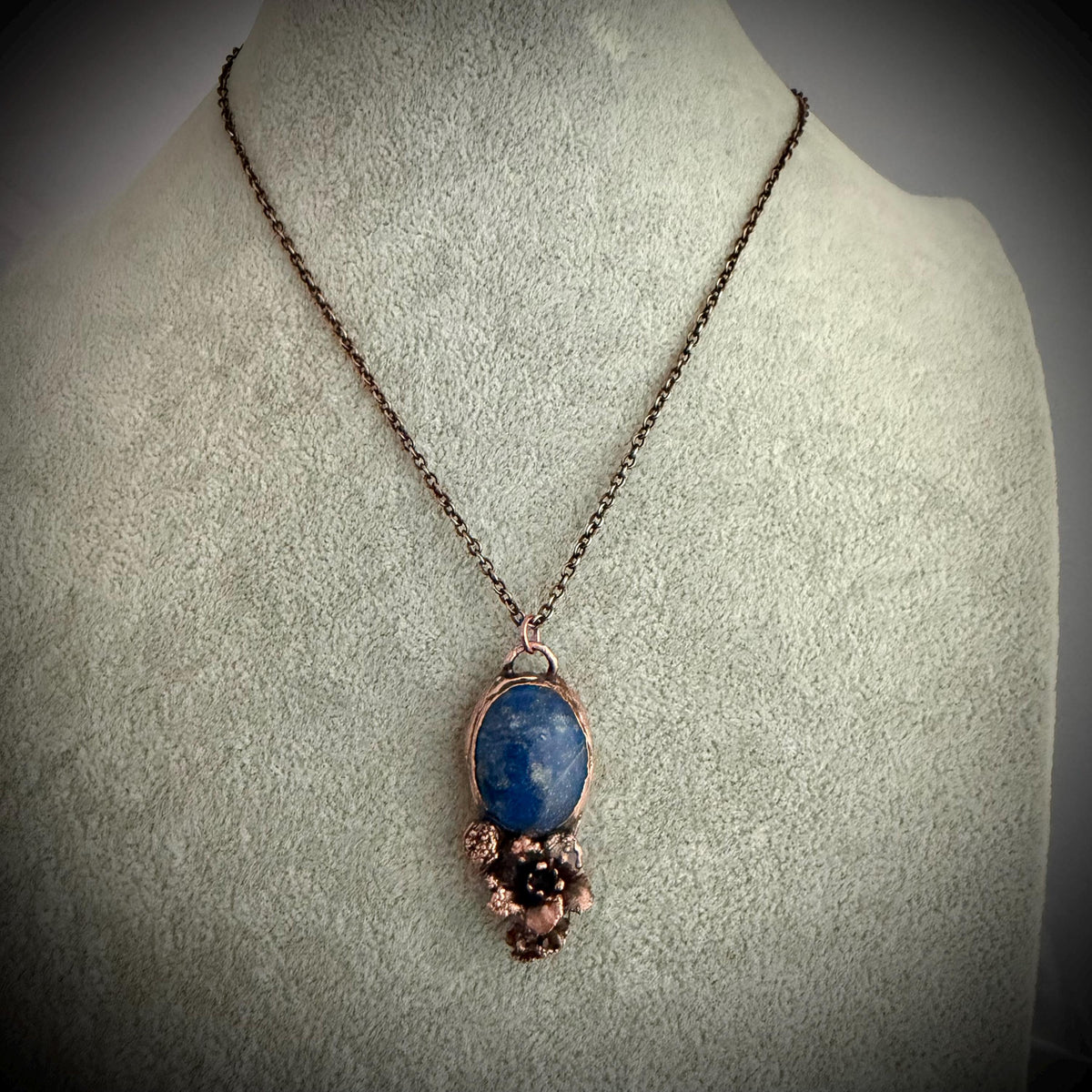 Lapis Lazuli Real Flower Necklace | Electroformed Copper Botanical Pendant | Handmade Crystal Jewelry | Boho Nature Necklace