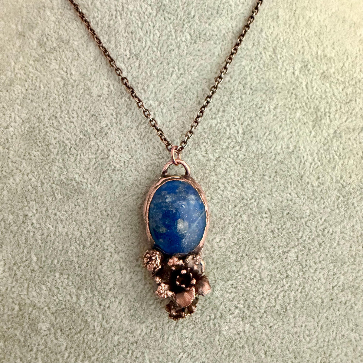 Lapis Lazuli Real Flower Necklace | Electroformed Copper Botanical Pendant | Handmade Crystal Jewelry | Boho Nature Necklace