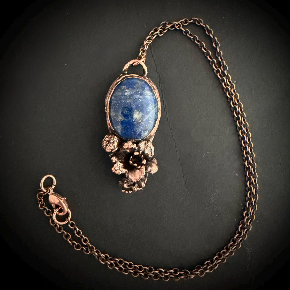 Lapis Lazuli Real Flower Necklace | Electroformed Copper Botanical Pendant | Handmade Crystal Jewelry | Boho Nature Necklace