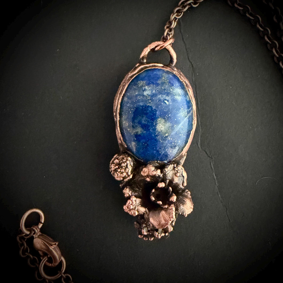Lapis Lazuli Real Flower Necklace | Electroformed Copper Botanical Pendant | Handmade Crystal Jewelry | Boho Nature Necklace