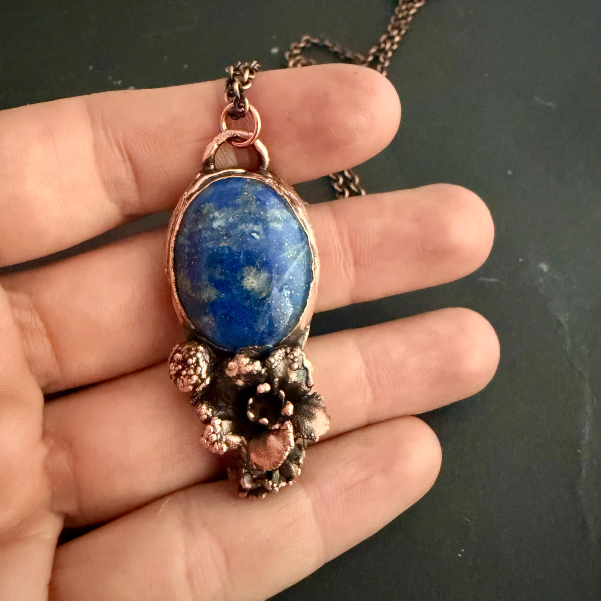 Lapis Lazuli Real Flower Necklace | Electroformed Copper Botanical Pendant | Handmade Crystal Jewelry | Boho Nature Necklace