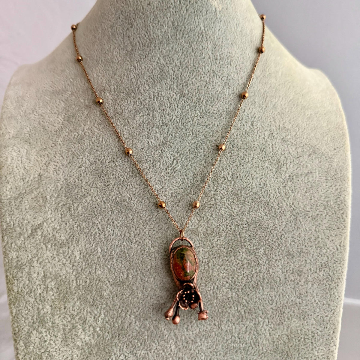 Leopardskin Jasper Real Flower Necklace | Electroformed Copper Botanical Pendant | Handmade Crystal Jewelry | Boho Necklace