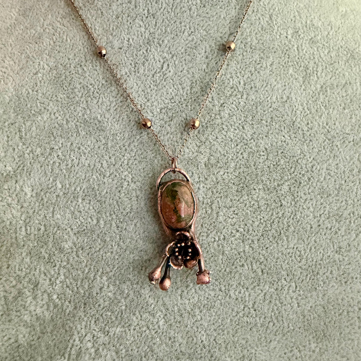 Leopardskin Jasper Real Flower Necklace | Electroformed Copper Botanical Pendant | Handmade Crystal Jewelry | Boho Necklace