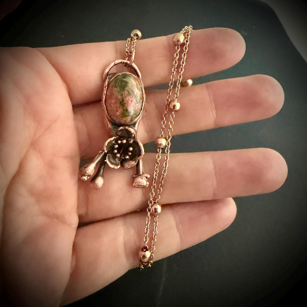 Leopardskin Jasper Real Flower Necklace | Electroformed Copper Botanical Pendant | Handmade Crystal Jewelry | Boho Necklace