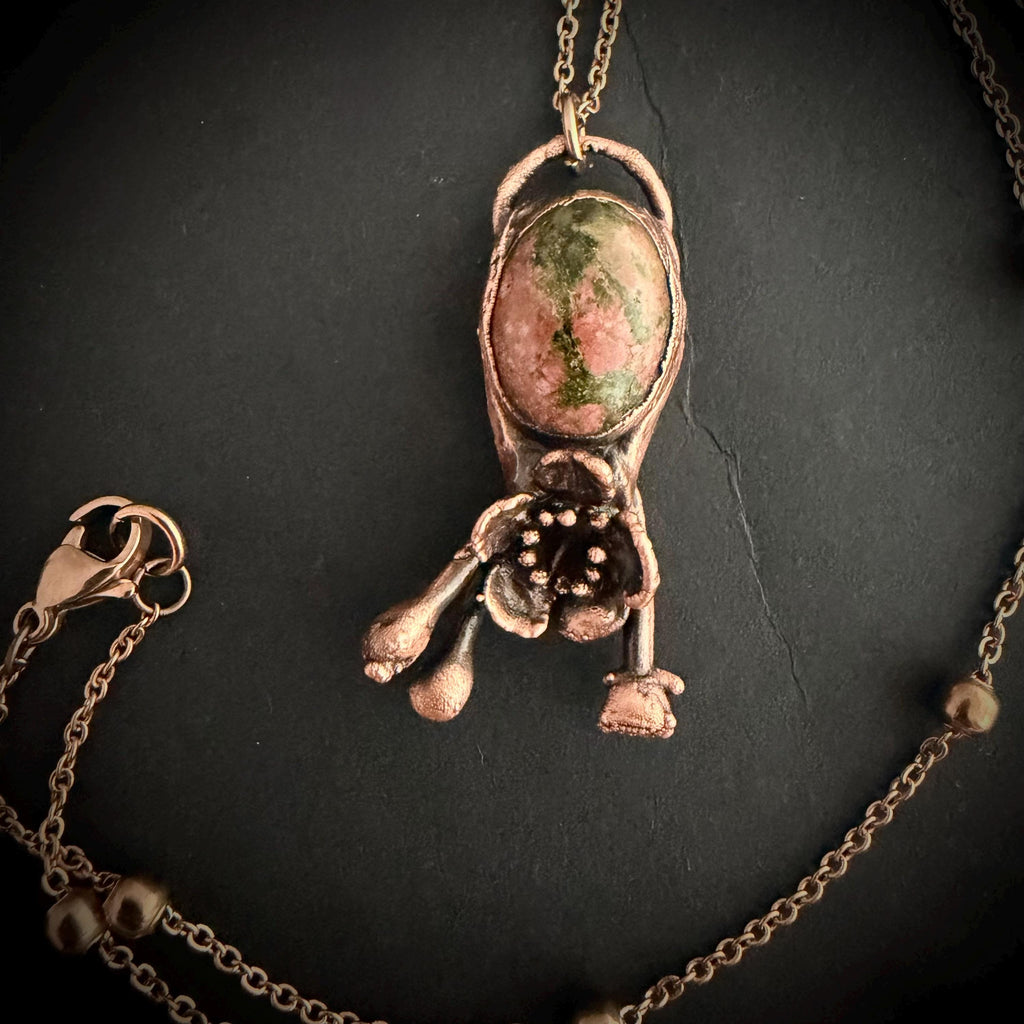 Leopardskin Jasper Real Flower Necklace | Electroformed Copper Botanical Pendant | Handmade Crystal Jewelry | Boho Necklace