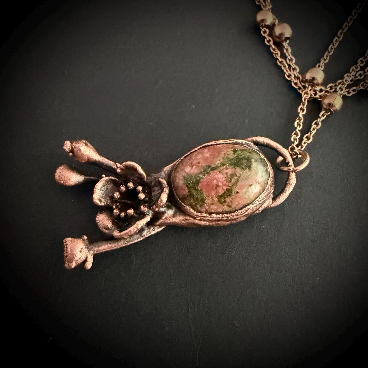 Leopardskin Jasper Real Flower Necklace | Electroformed Copper Botanical Pendant | Handmade Crystal Jewelry | Boho Necklace