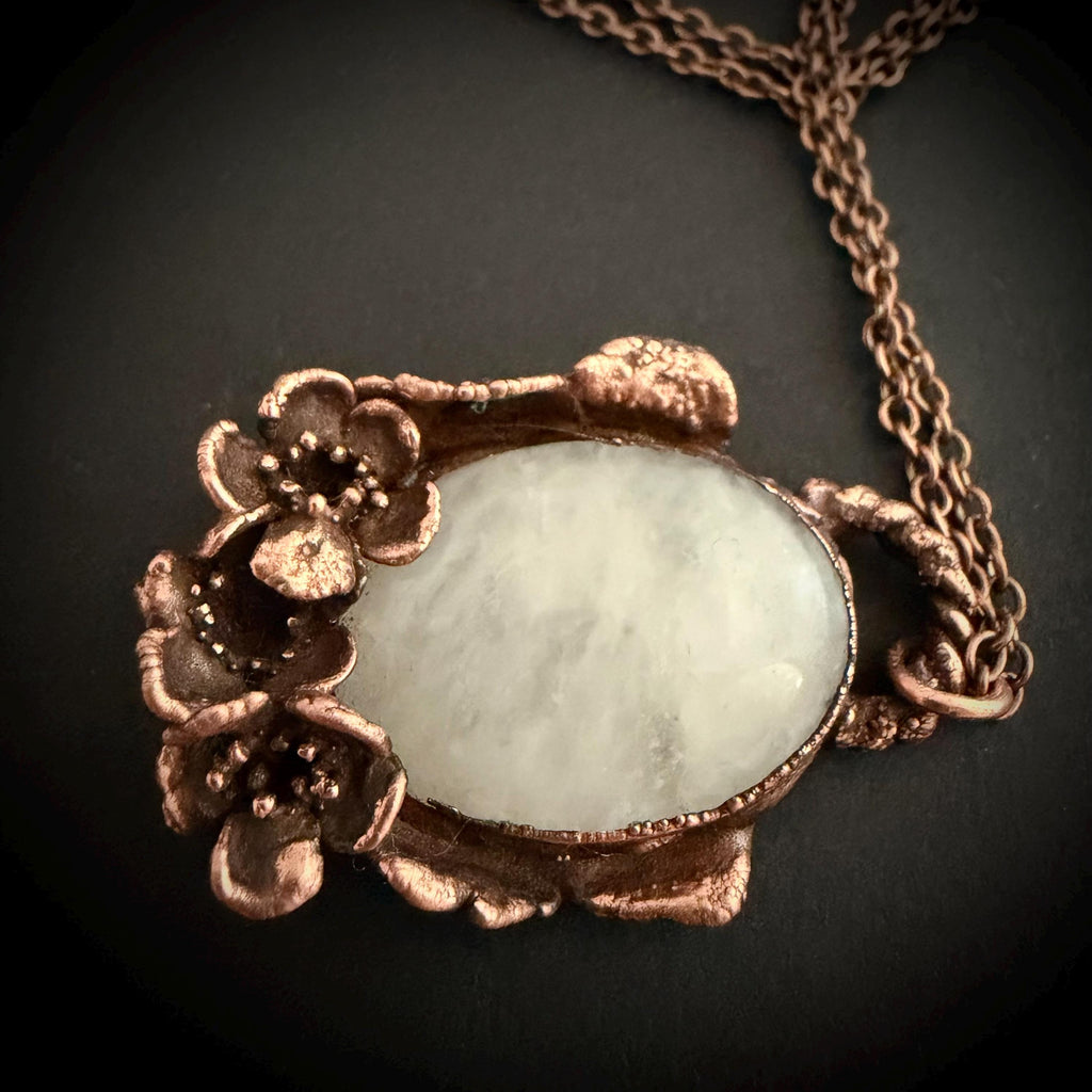 Quartz Real Flower Necklace | Electroformed Copper Botanical Pendant | Handmade Crystal Jewelry | Boho Healing Necklace
