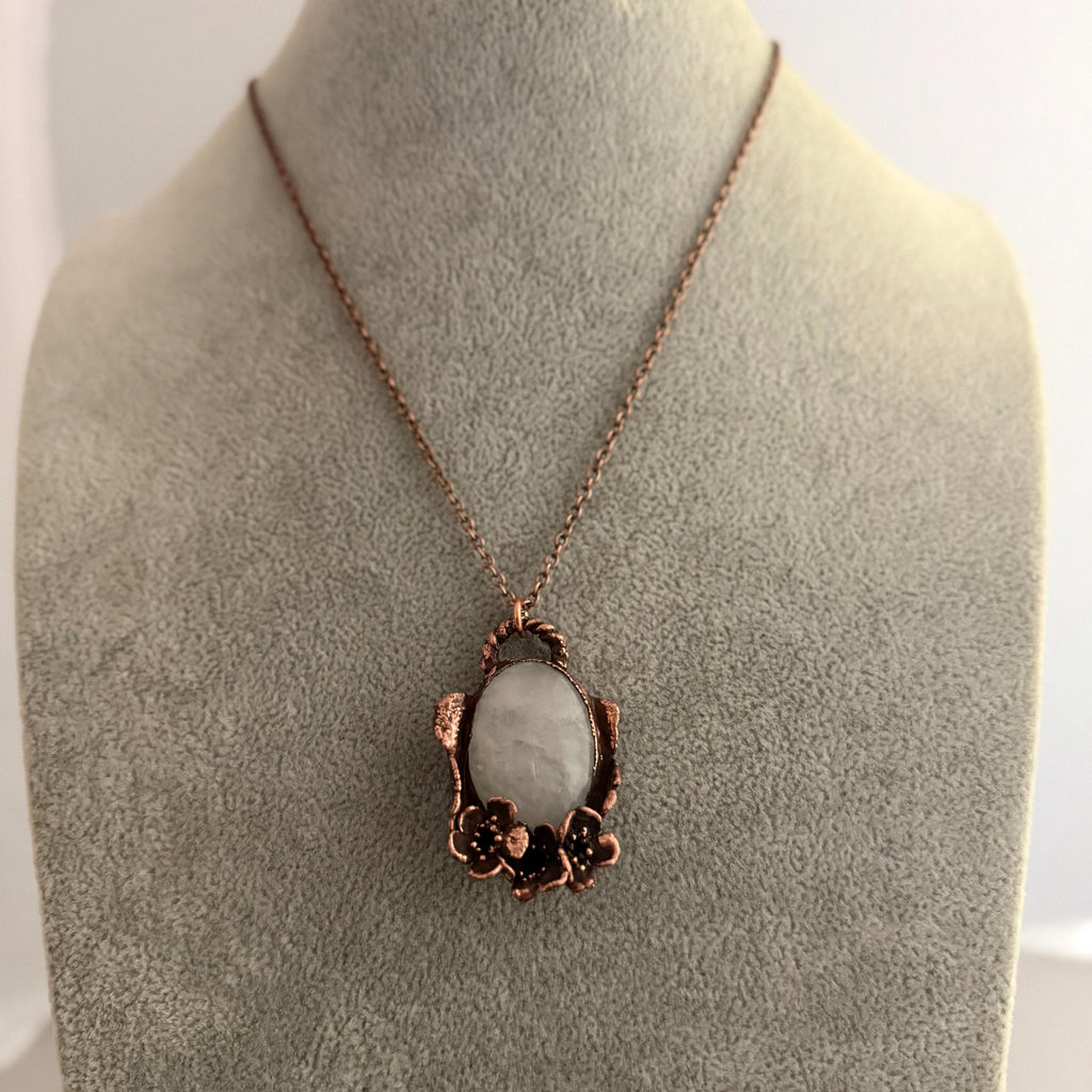 Quartz Real Flower Necklace | Electroformed Copper Botanical Pendant | Handmade Crystal Jewelry | Boho Healing Necklace