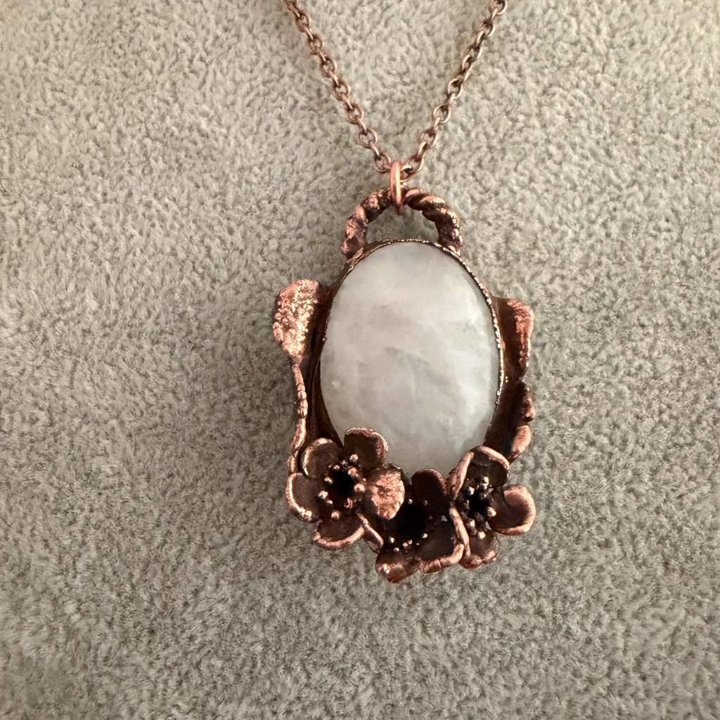 Quartz Real Flower Necklace | Electroformed Copper Botanical Pendant | Handmade Crystal Jewelry | Boho Healing Necklace