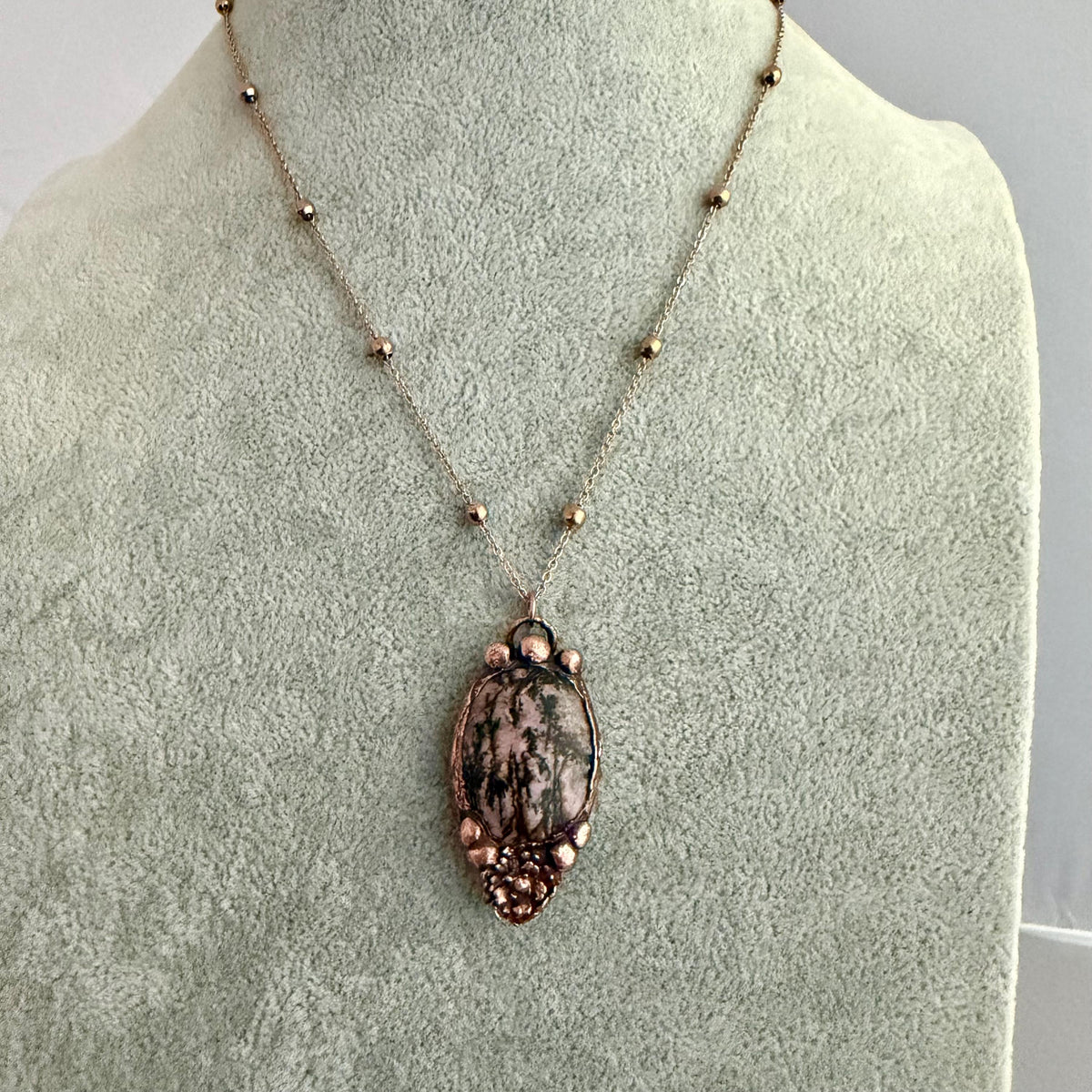 Rhodonite Real Flower Necklace | Electroformed Copper Botanical Pendant | Handmade Crystal Jewelry | Boho Love Necklace