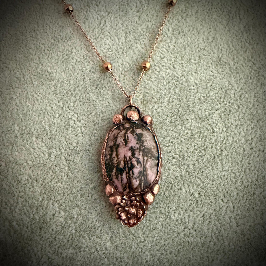 Rhodonite Real Flower Necklace | Electroformed Copper Botanical Pendant | Handmade Crystal Jewelry | Boho Love Necklace