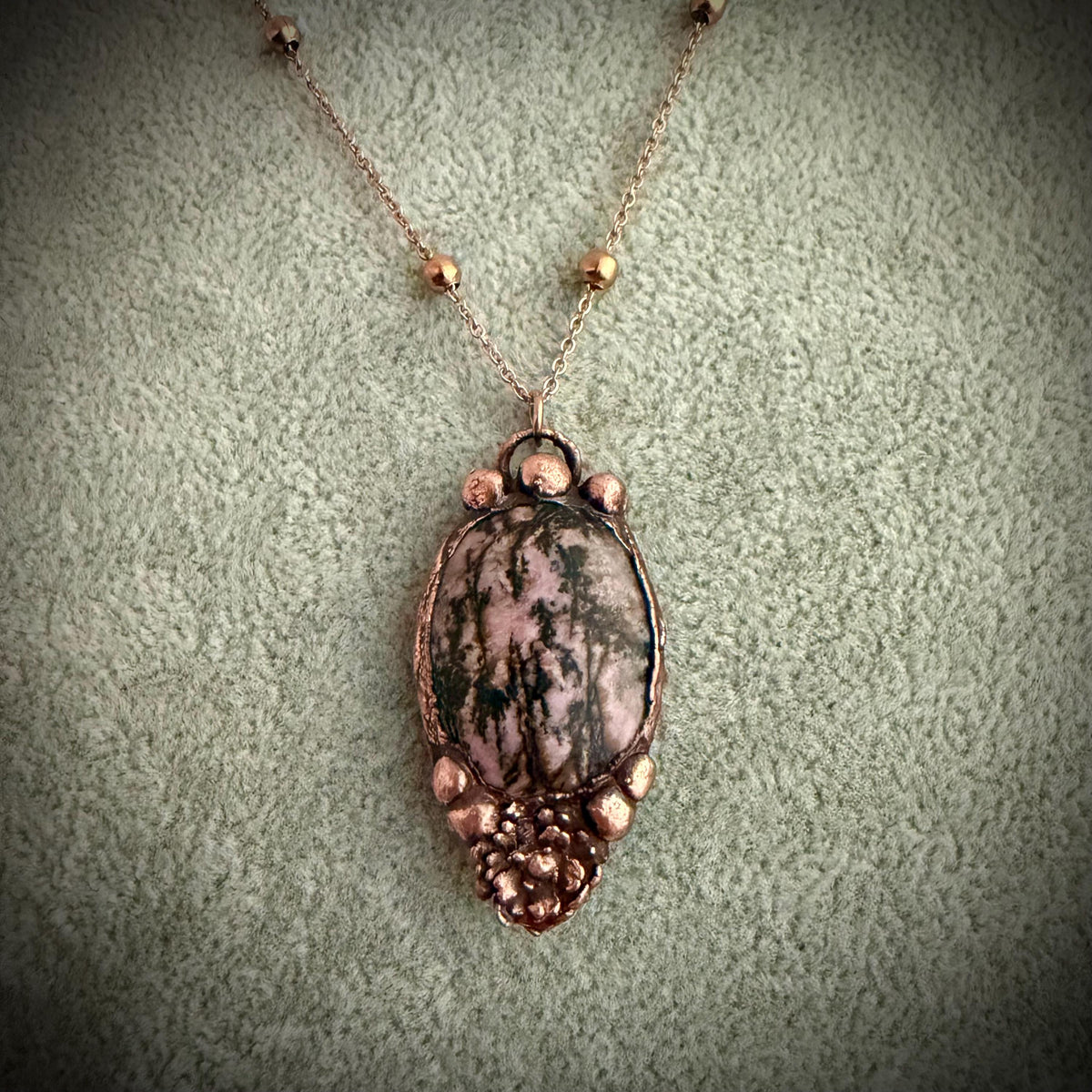 Rhodonite Real Flower Necklace | Electroformed Copper Botanical Pendant | Handmade Crystal Jewelry | Boho Love Necklace