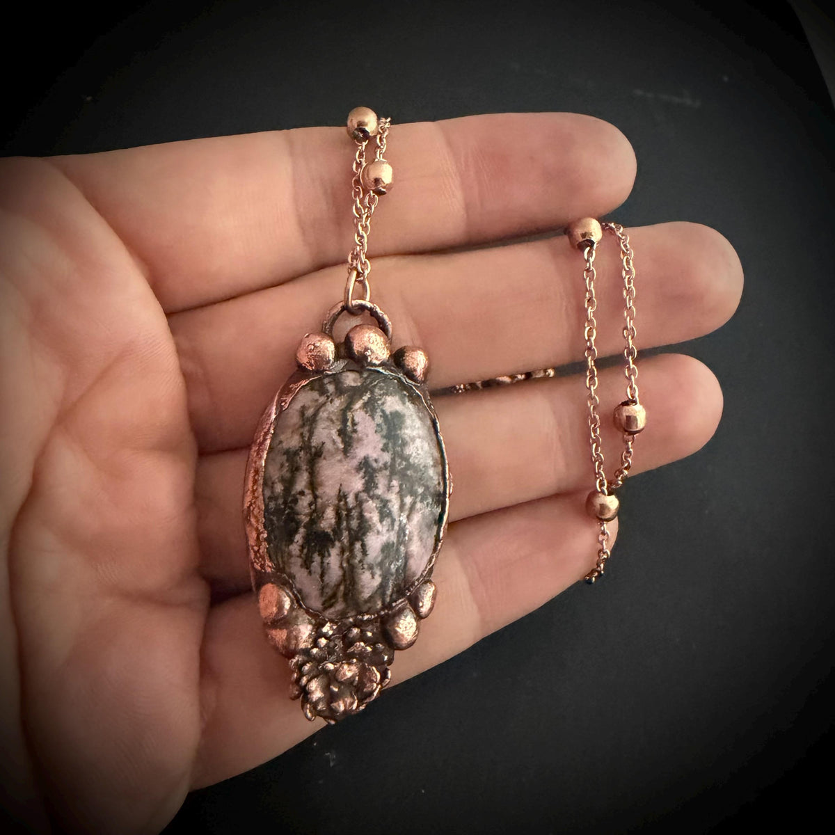 Rhodonite Real Flower Necklace | Electroformed Copper Botanical Pendant | Handmade Crystal Jewelry | Boho Love Necklace