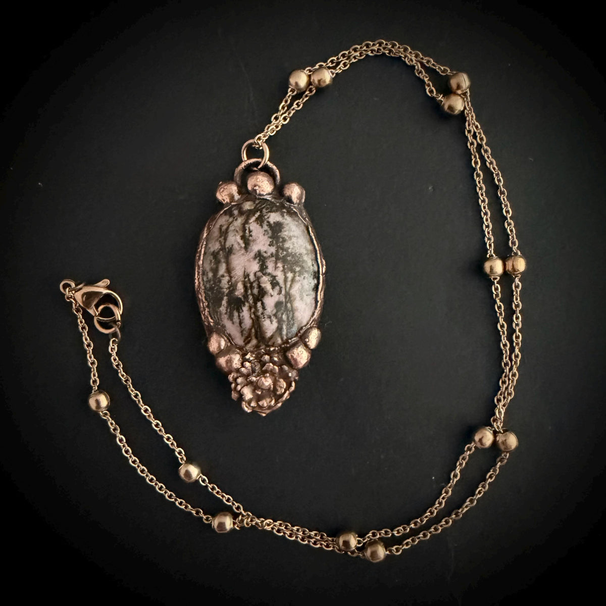 Rhodonite Real Flower Necklace | Electroformed Copper Botanical Pendant | Handmade Crystal Jewelry | Boho Love Necklace