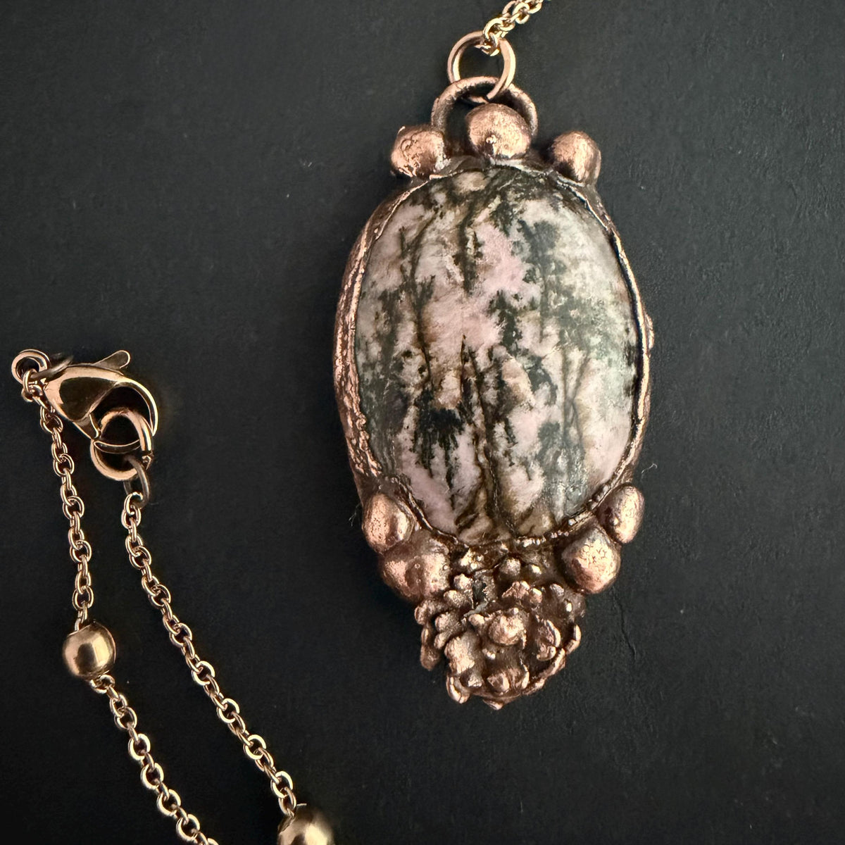 Rhodonite Real Flower Necklace | Electroformed Copper Botanical Pendant | Handmade Crystal Jewelry | Boho Love Necklace