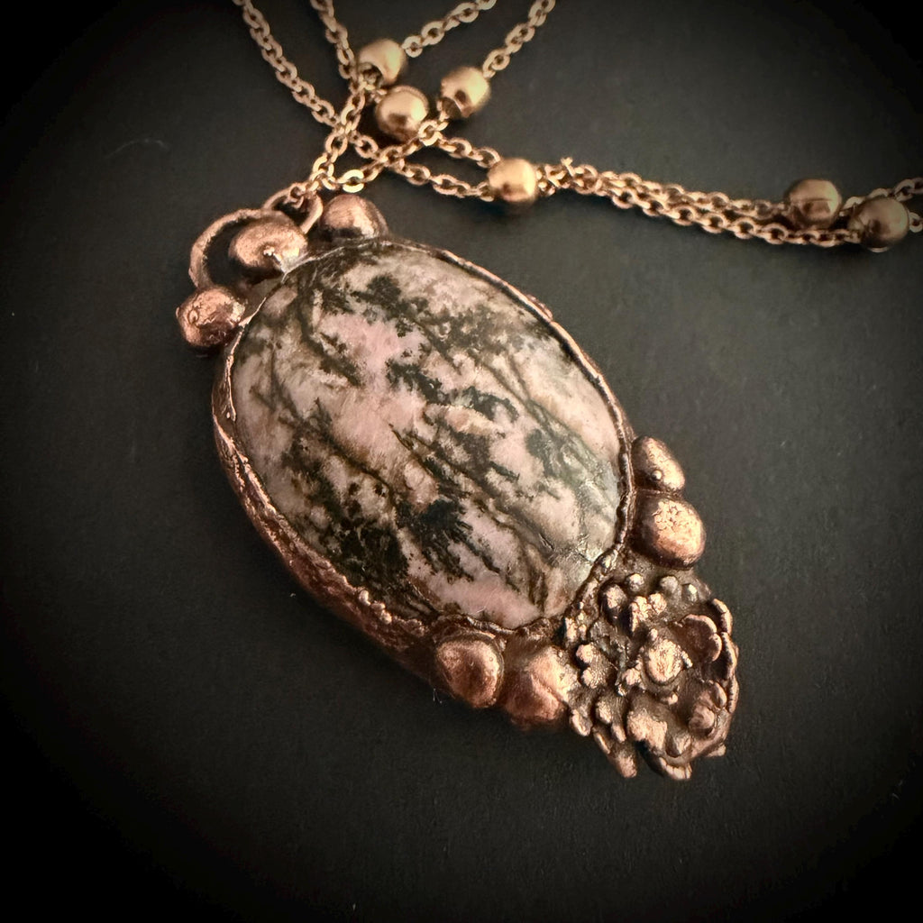 Rhodonite Real Flower Necklace | Electroformed Copper Botanical Pendant | Handmade Crystal Jewelry | Boho Love Necklace