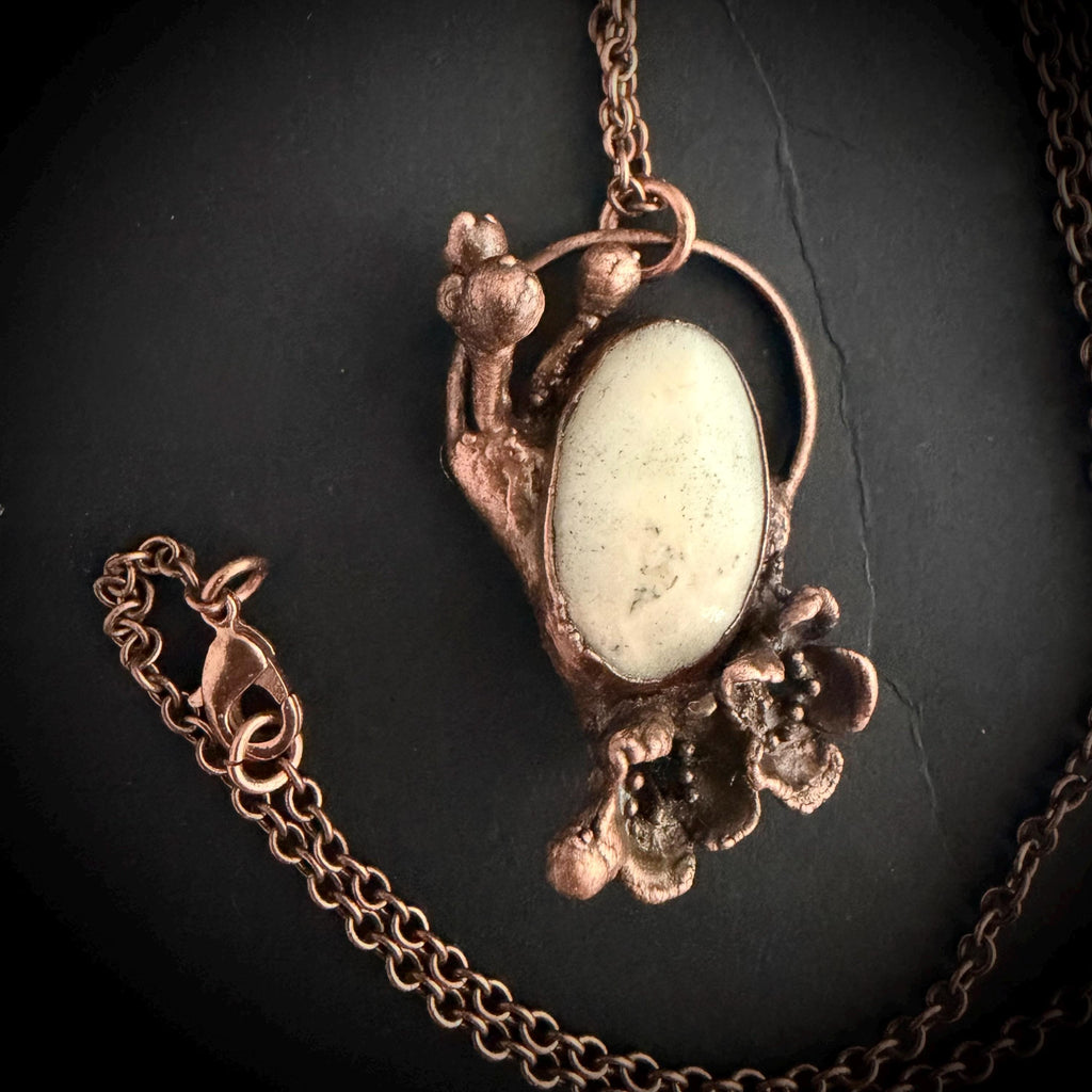 Solar Quartz Real Flower Necklace | Electroformed Copper Botanical Pendant | Handmade Crystal Jewelry | Boho Nature Necklace