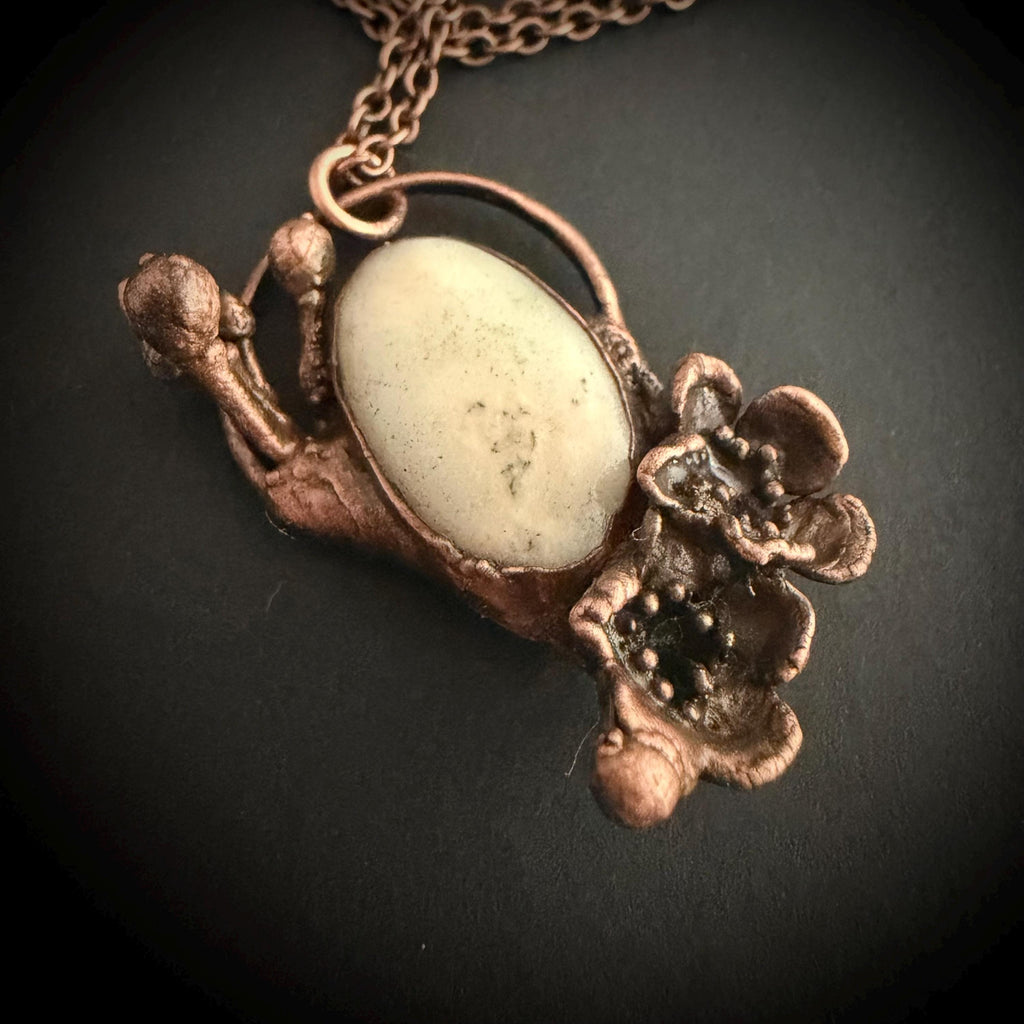 Solar Quartz Real Flower Necklace | Electroformed Copper Botanical Pendant | Handmade Crystal Jewelry | Boho Nature Necklace