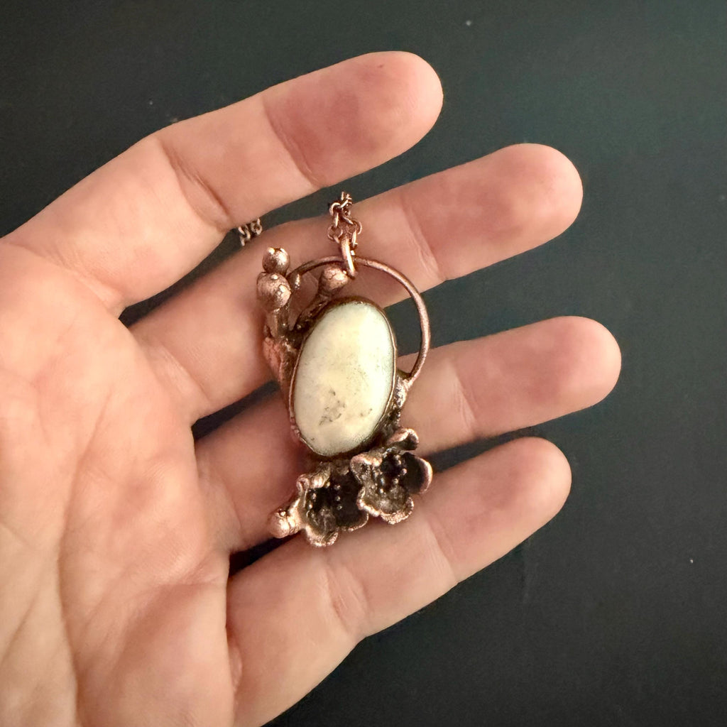 Solar Quartz Real Flower Necklace | Electroformed Copper Botanical Pendant | Handmade Crystal Jewelry | Boho Nature Necklace