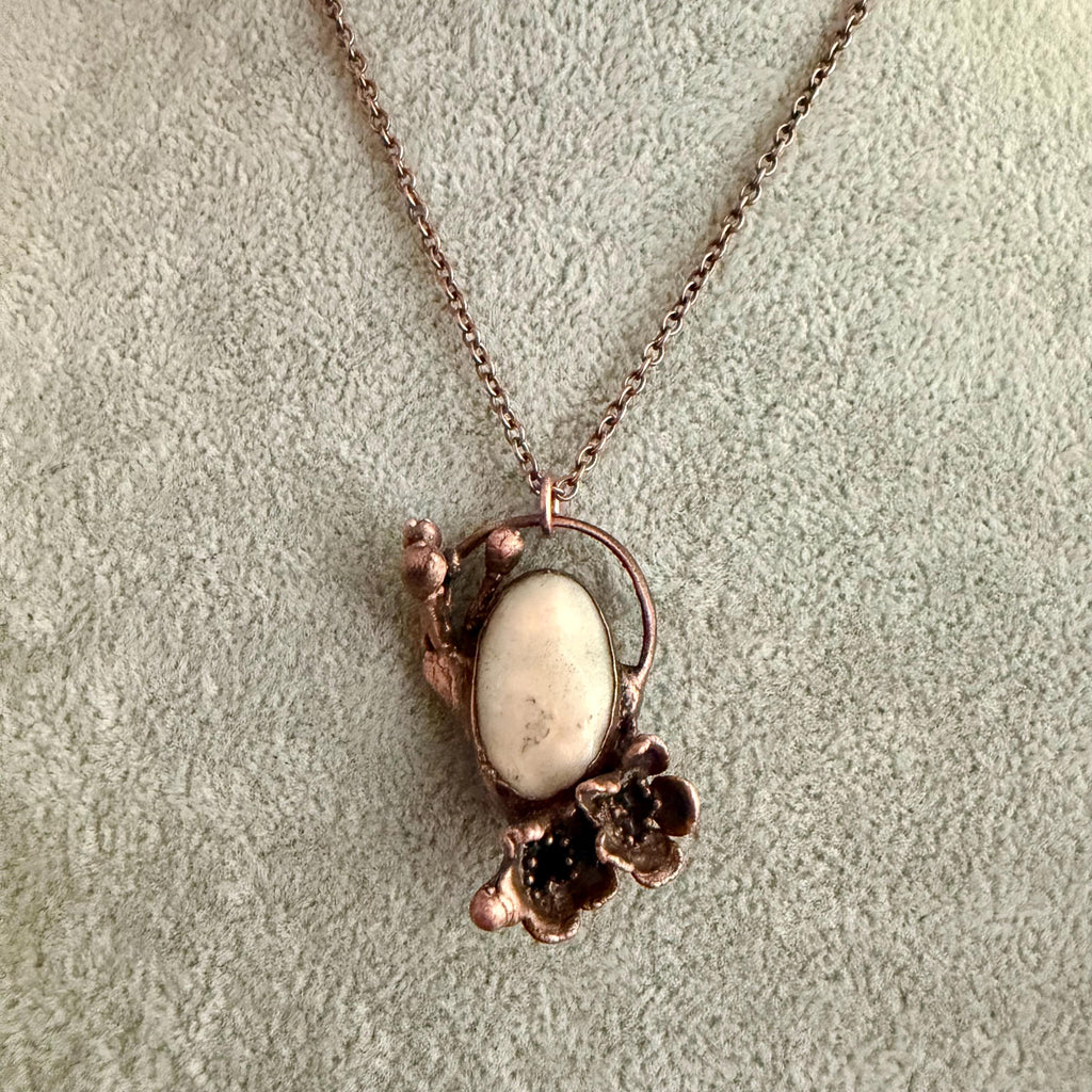 Solar Quartz Real Flower Necklace | Electroformed Copper Botanical Pendant | Handmade Crystal Jewelry | Boho Nature Necklace