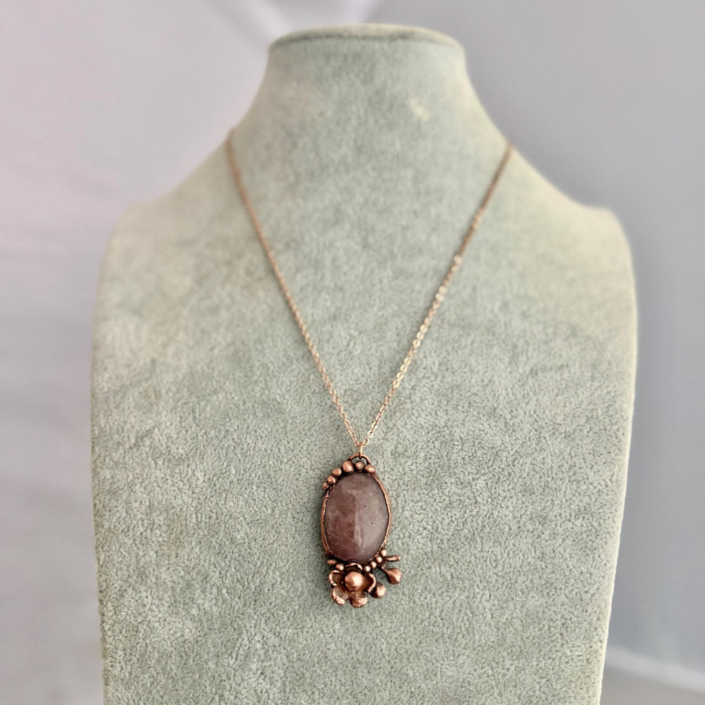 Strawberry Quartz Real Flower Necklace | Electroformed Copper Botanical Pendant | Handmade Crystal Jewelry | Boho Love Necklace