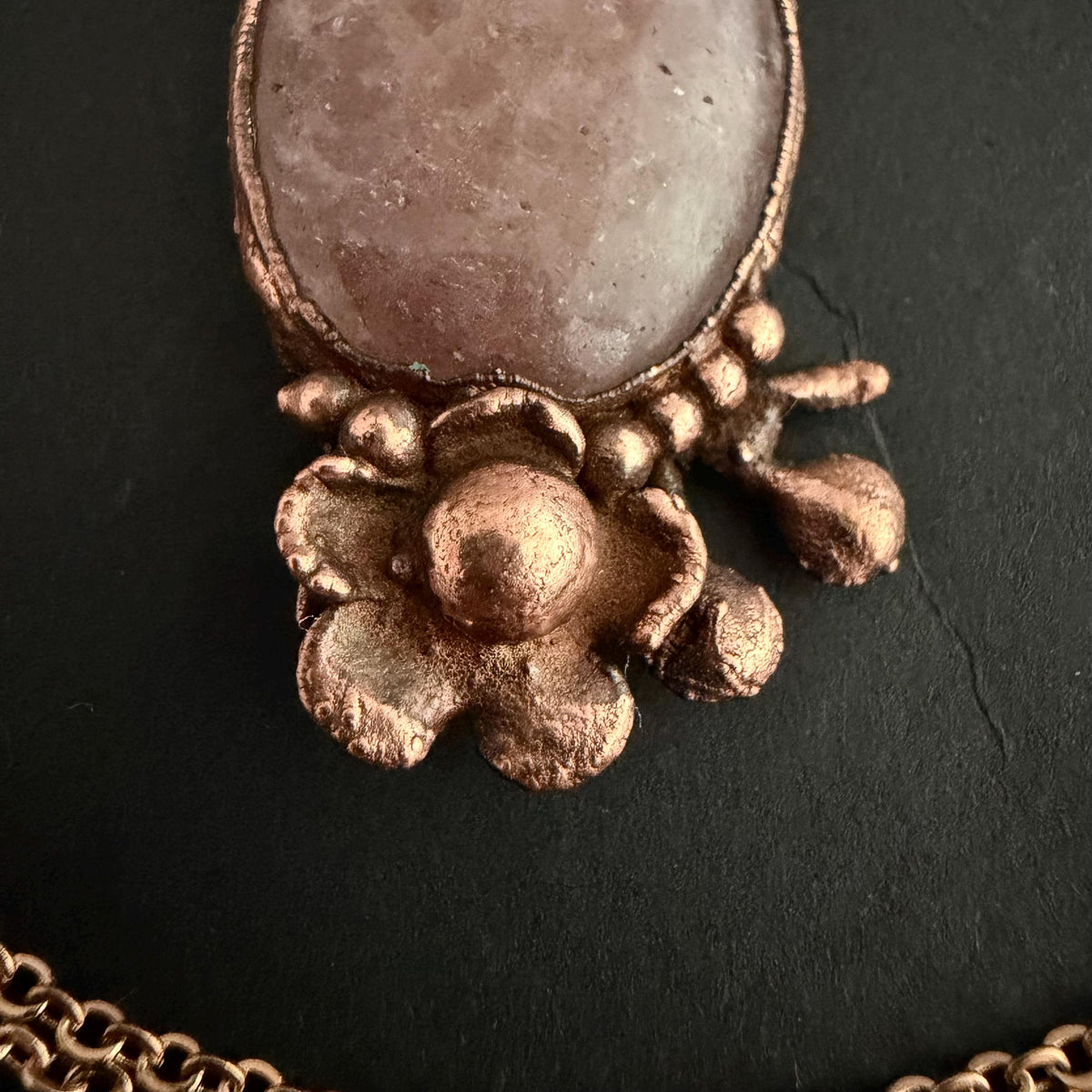 Strawberry Quartz Real Flower Necklace | Electroformed Copper Botanical Pendant | Handmade Crystal Jewelry | Boho Love Necklace