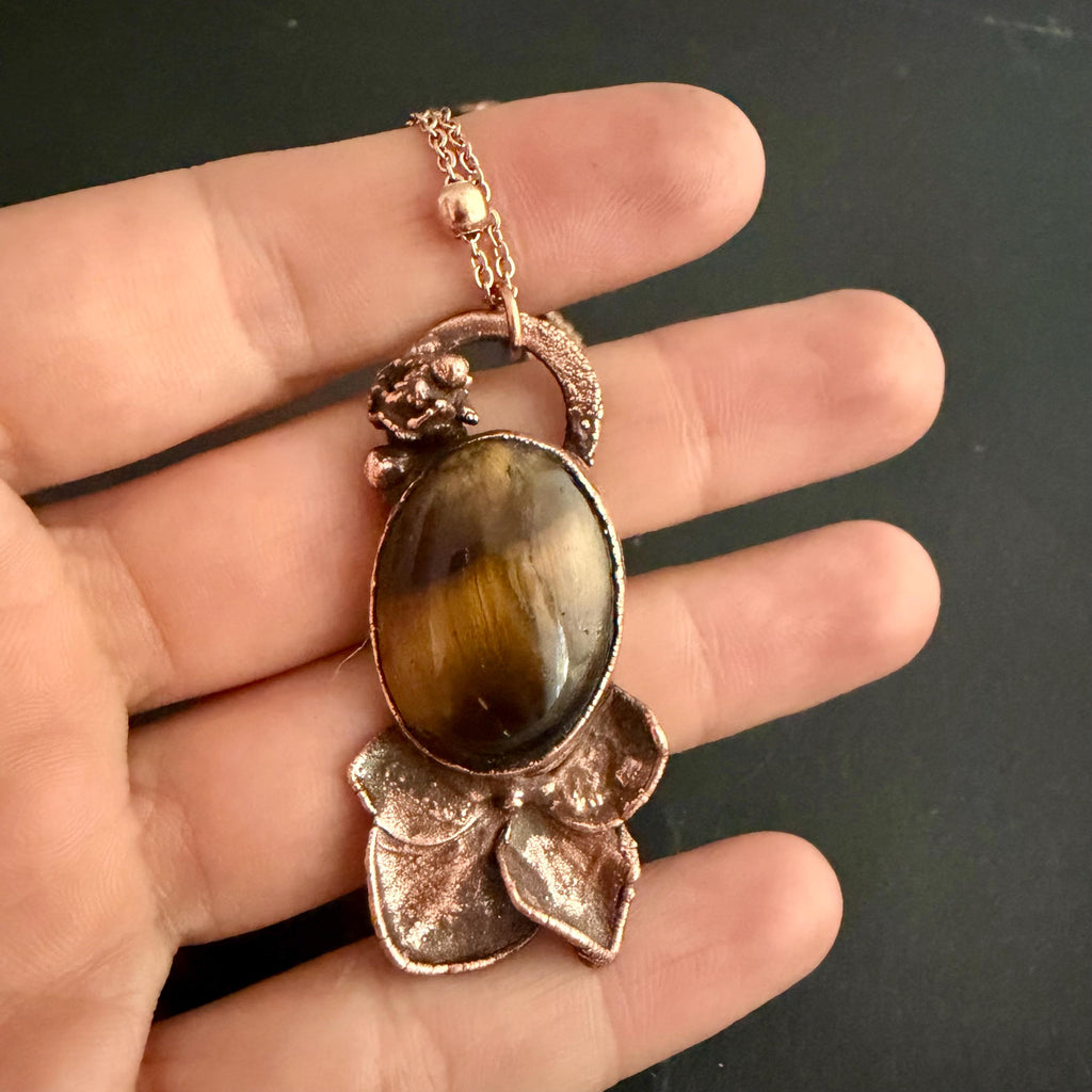 Tigers Eye Real Hydrangea Necklace | Electroformed Copper Botanical Pendant | Handmade Crystal Jewelry | Boho Necklace