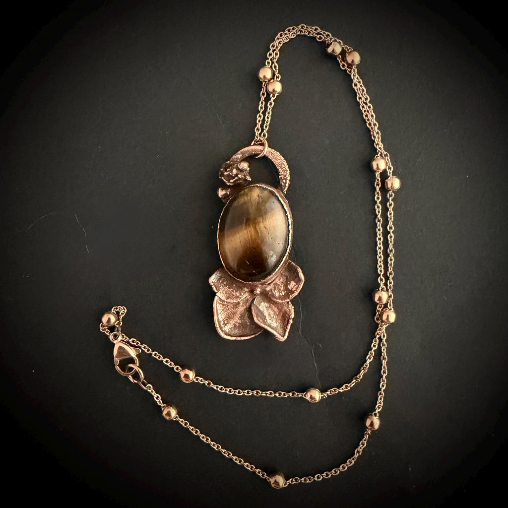 Tigers Eye Real Hydrangea Necklace | Electroformed Copper Botanical Pendant | Handmade Crystal Jewelry | Boho Necklace