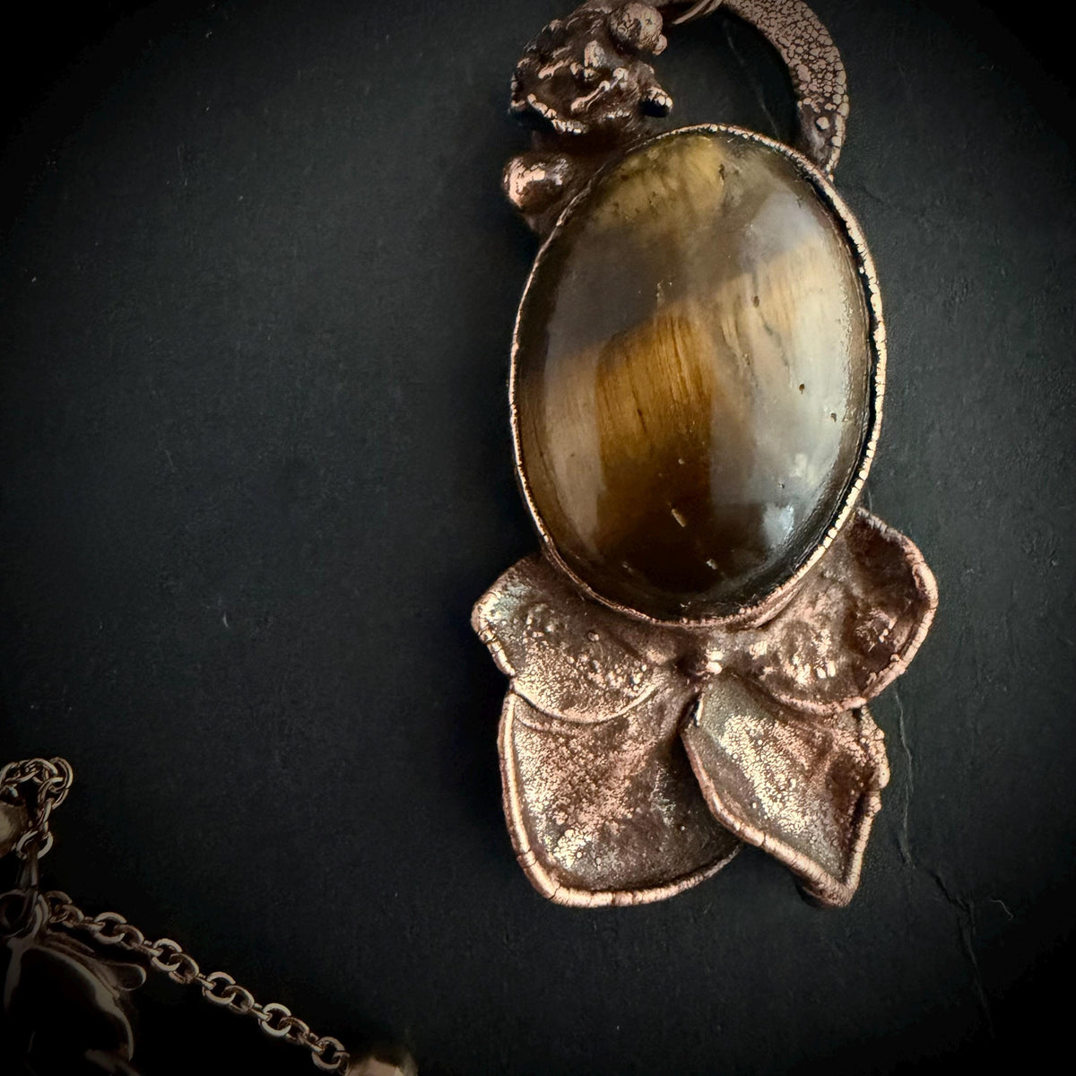 Tigers Eye Real Hydrangea Necklace | Electroformed Copper Botanical Pendant | Handmade Crystal Jewelry | Boho Necklace