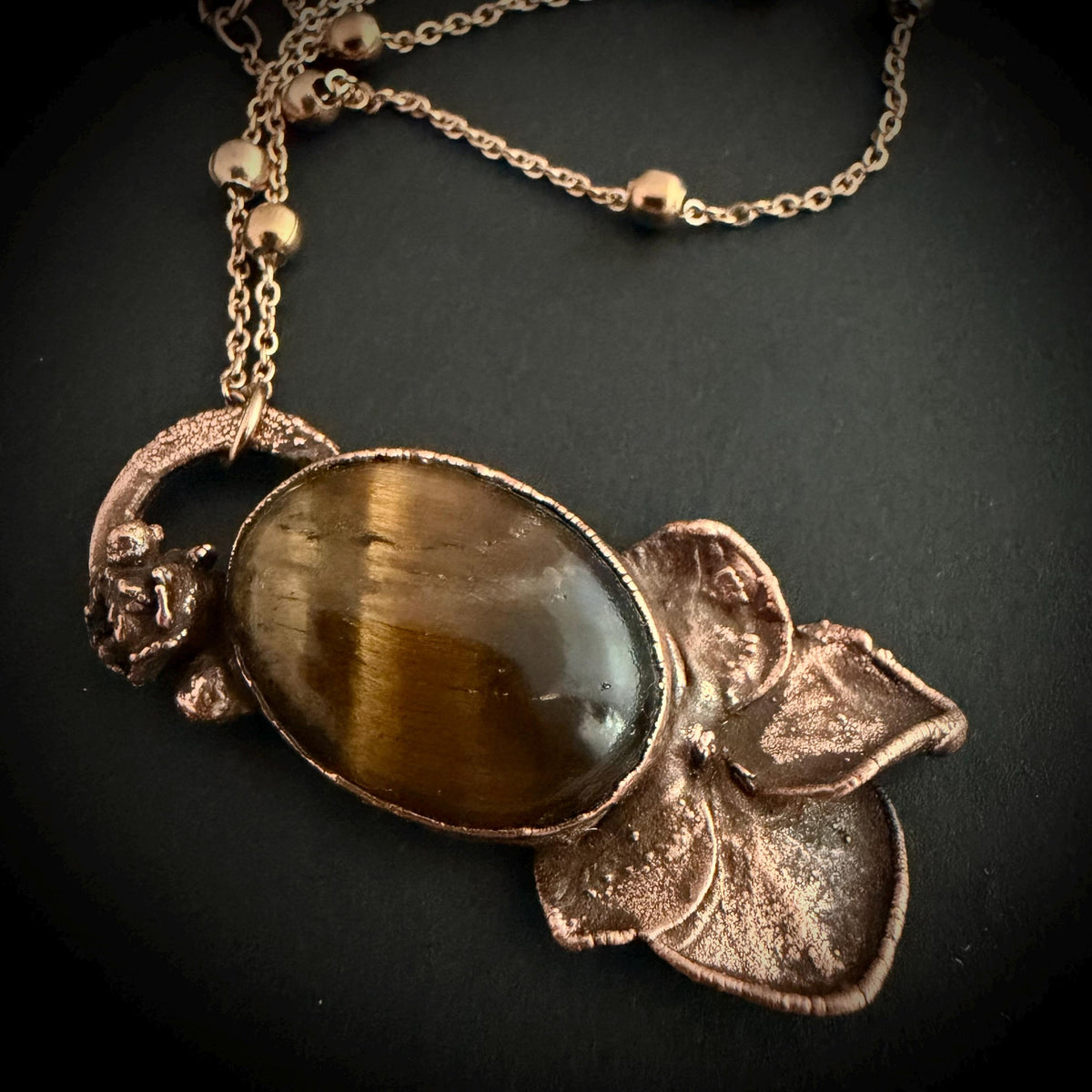Tigers Eye Real Hydrangea Necklace | Electroformed Copper Botanical Pendant | Handmade Crystal Jewelry | Boho Necklace