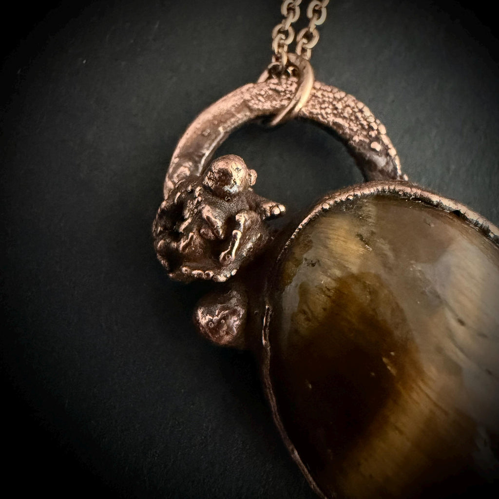 Tigers Eye Real Hydrangea Necklace | Electroformed Copper Botanical Pendant | Handmade Crystal Jewelry | Boho Necklace