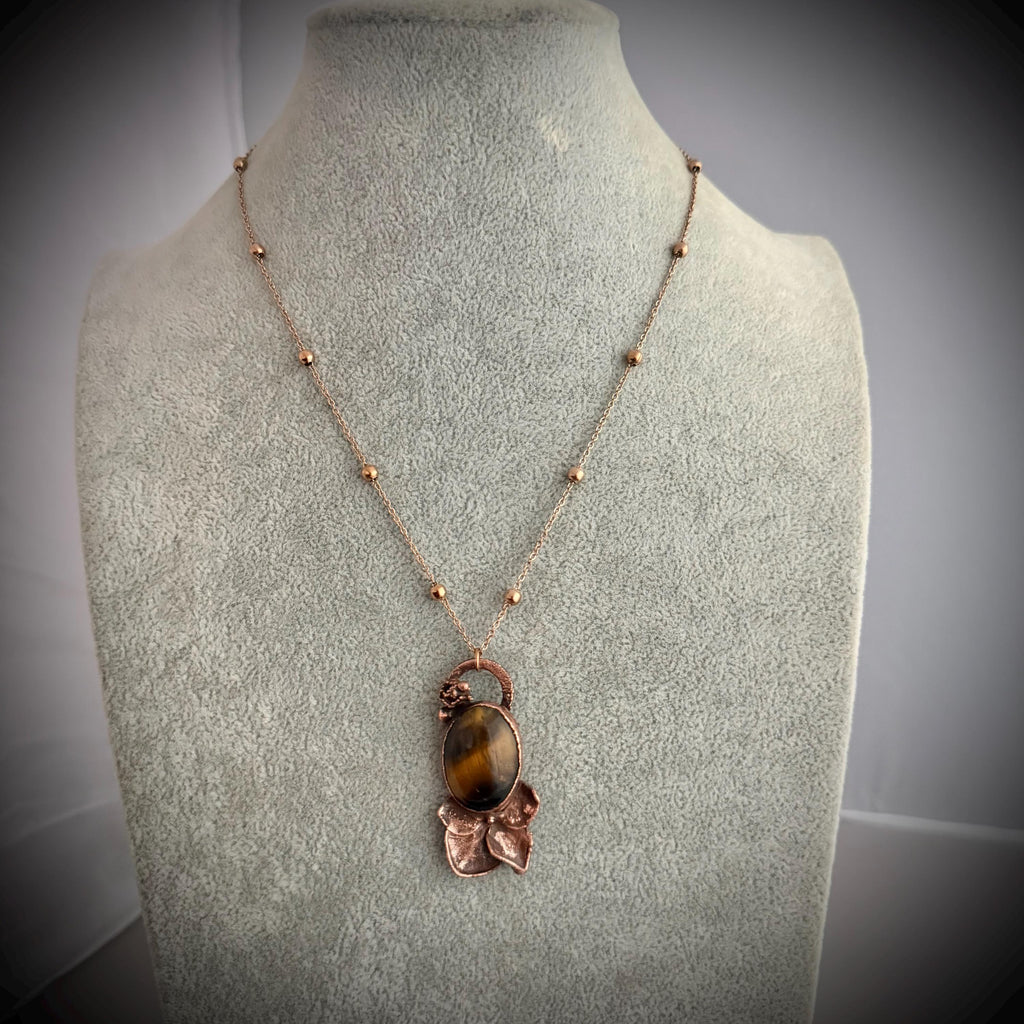 Tigers Eye Real Hydrangea Necklace | Electroformed Copper Botanical Pendant | Handmade Crystal Jewelry | Boho Necklace