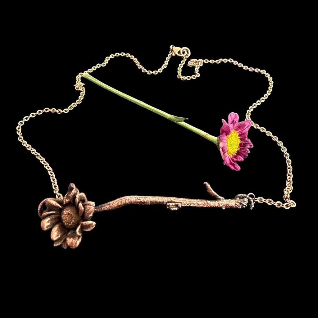 Real Flower Stem Necklace | Electroformed Copper Botanical Bar Pendant | Handmade Nature Jewelry | Boho Pressed Flower