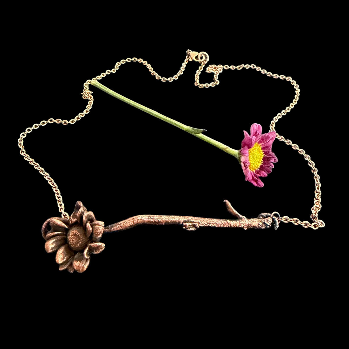 Real Flower Stem Necklace | Electroformed Copper Botanical Bar Pendant | Handmade Nature Jewelry | Boho Pressed Flower