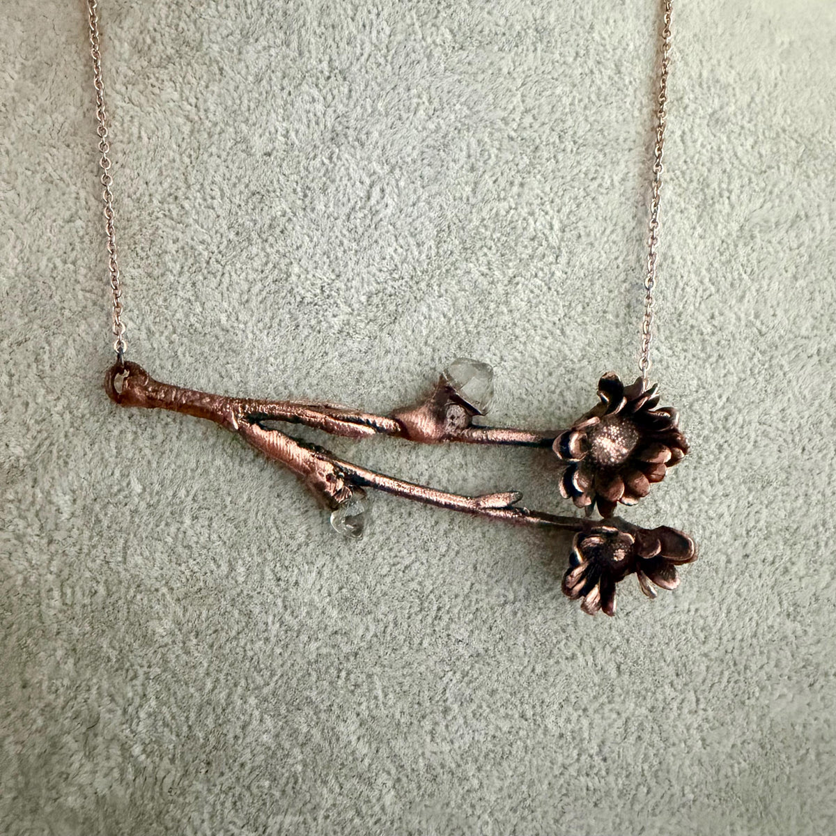 Real Flower Bouquet Necklace with Herkimer Diamond | Electroformed Copper Botanical Pendant | Handmade Crystal Jewelry