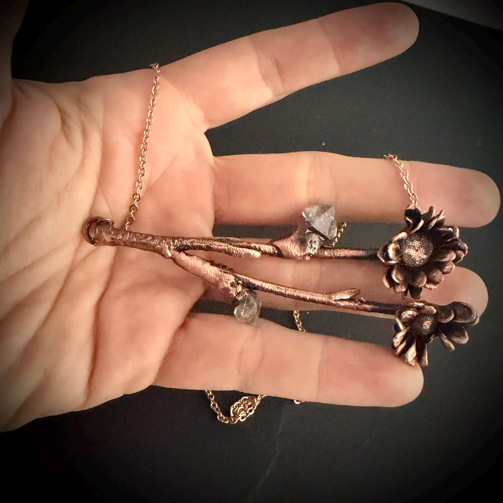 Real Flower Bouquet Necklace with Herkimer Diamond | Electroformed Copper Botanical Pendant | Handmade Crystal Jewelry