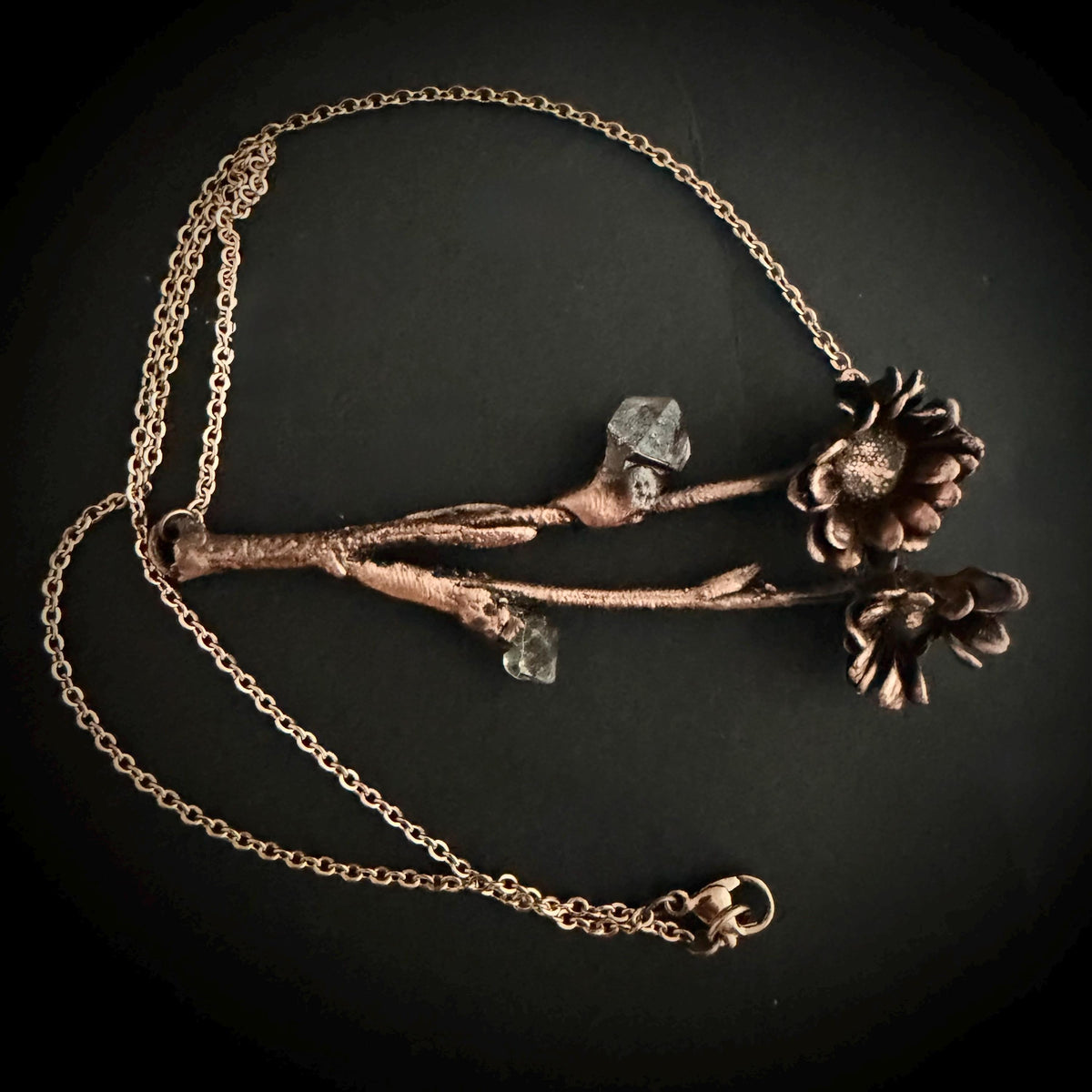 Real Flower Bouquet Necklace with Herkimer Diamond | Electroformed Copper Botanical Pendant | Handmade Crystal Jewelry