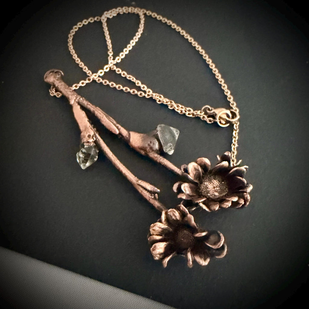 Real Flower Bouquet Necklace with Herkimer Diamond | Electroformed Copper Botanical Pendant | Handmade Crystal Jewelry
