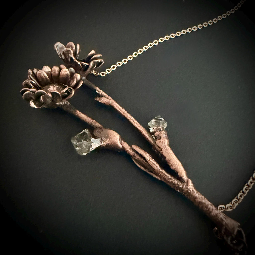 Real Flower Bouquet Necklace with Herkimer Diamond | Electroformed Copper Botanical Pendant | Handmade Crystal Jewelry
